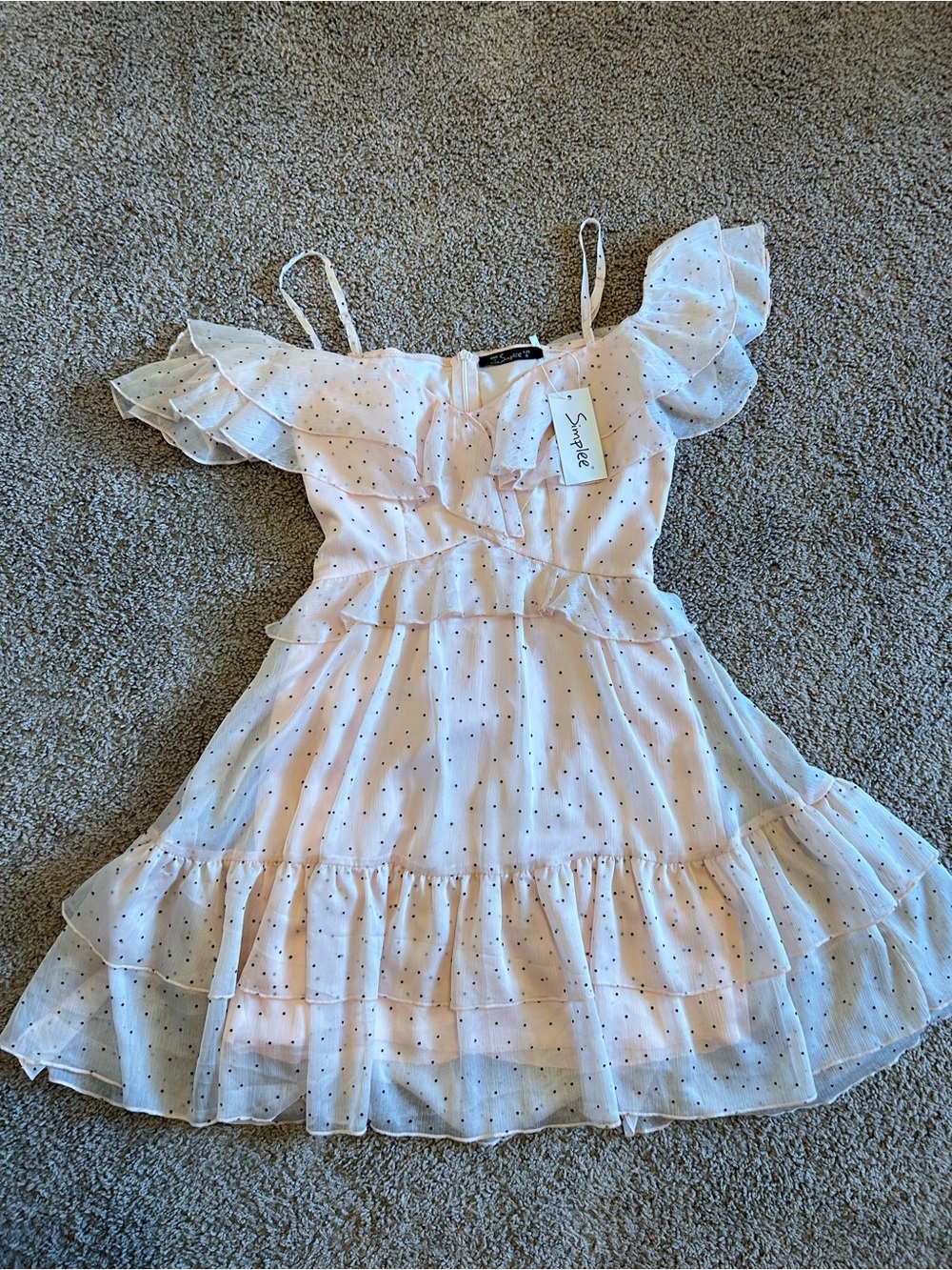 Simplee Light Pink/cream Polka Dot Ruffle Mini Dress